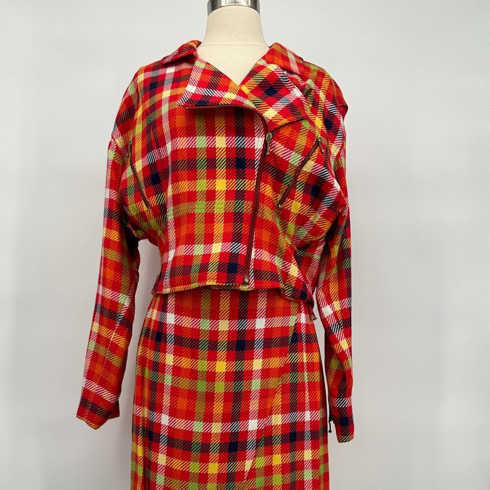 Vintage 1990s Emanuel Ungaro Red & Yellow Silk Blend Plaid Clueless Skirt Suit S